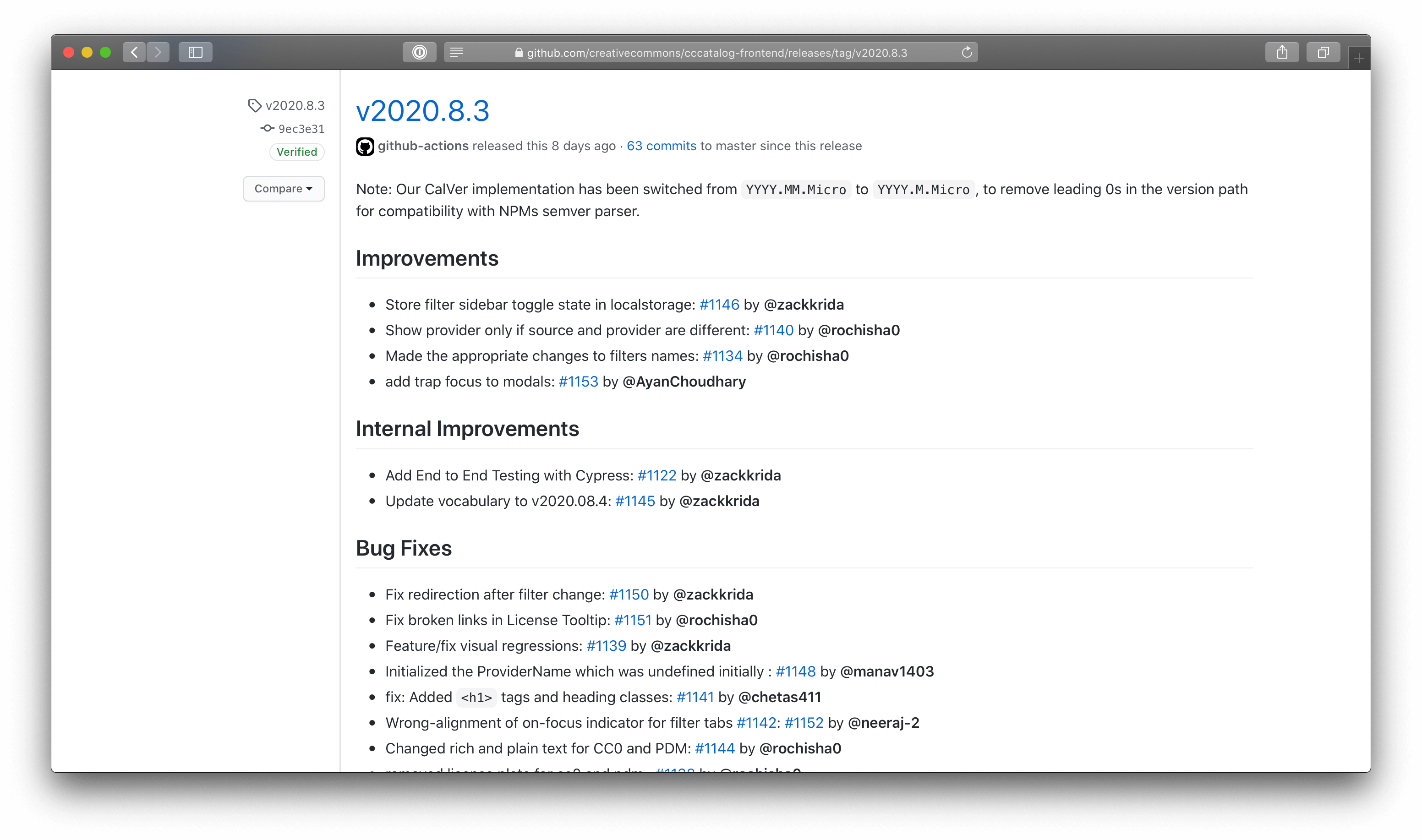 GitHub screenshot of release notes for CC Search