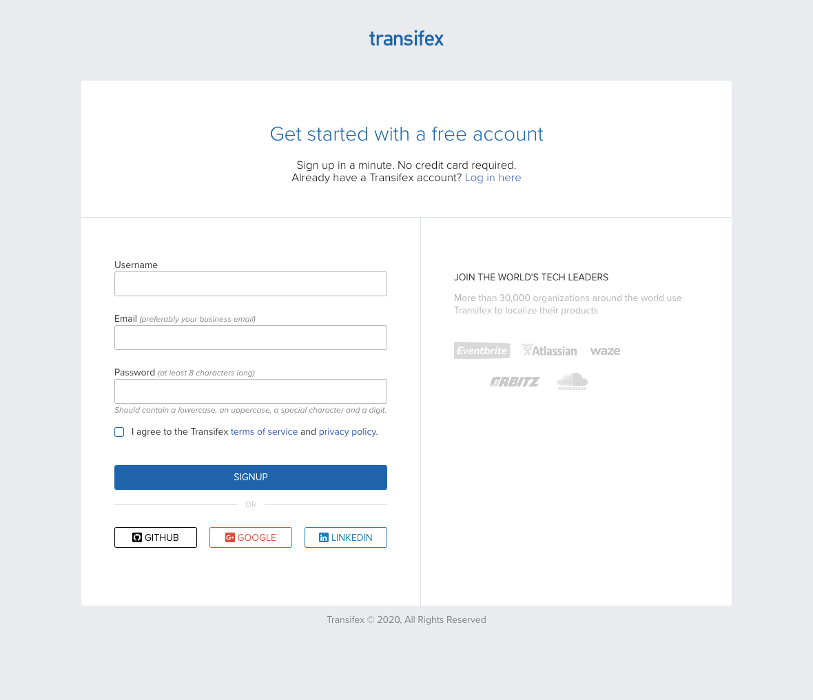 Screenshot of the Transifex sign up page