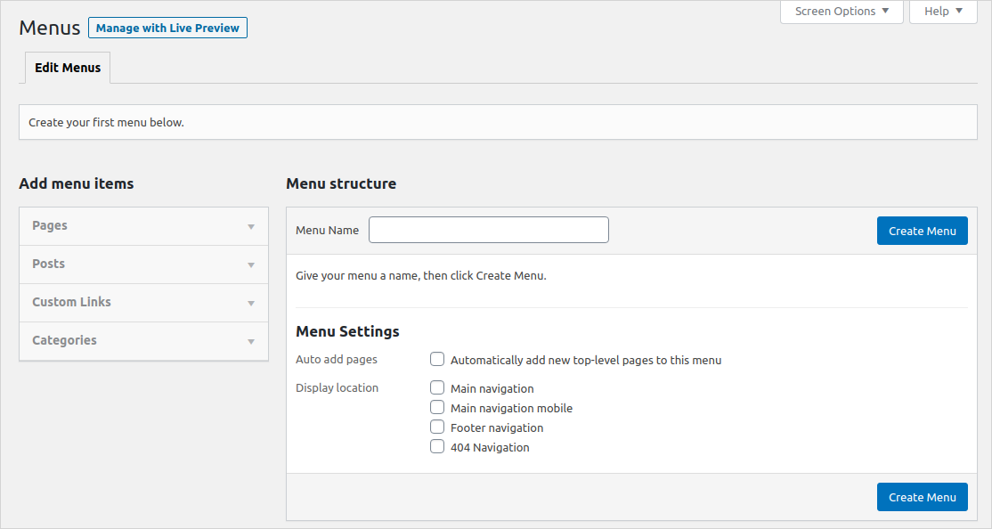 Form used to configure a custom menu on live preview