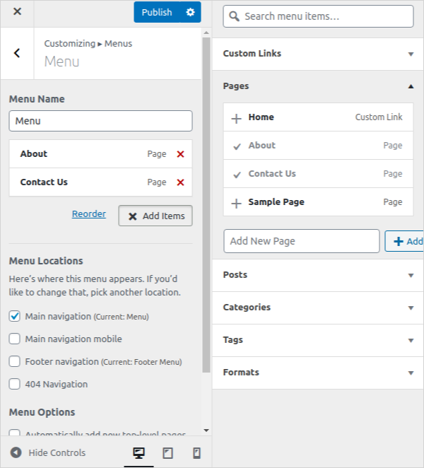 Form used to configure a custom menu on live preview